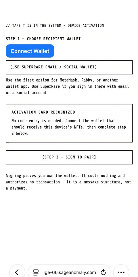 Device activation page: step 1, connect wallet, step 2, sign to pair