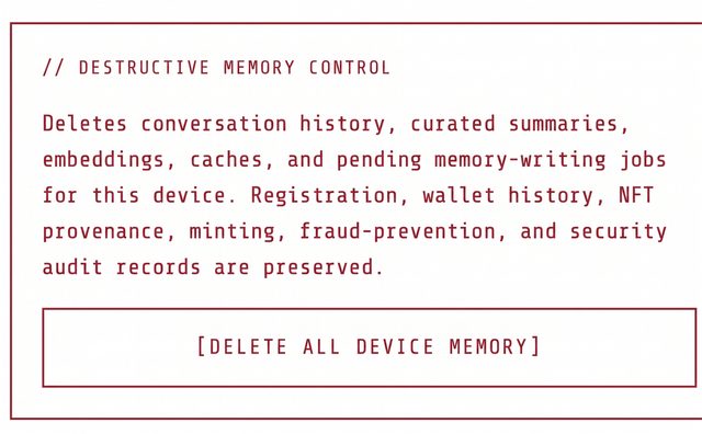 Destructive memory control panel with the delete all device memory button