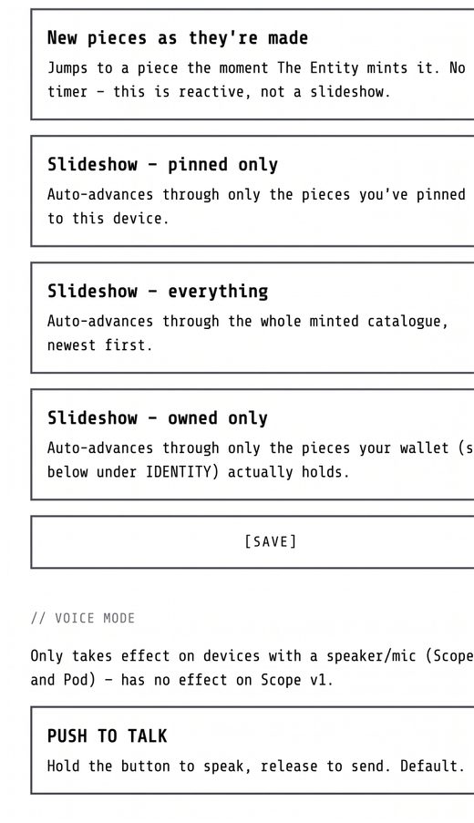 Gallery mode and voice mode panel showing the four gallery options and push to talk