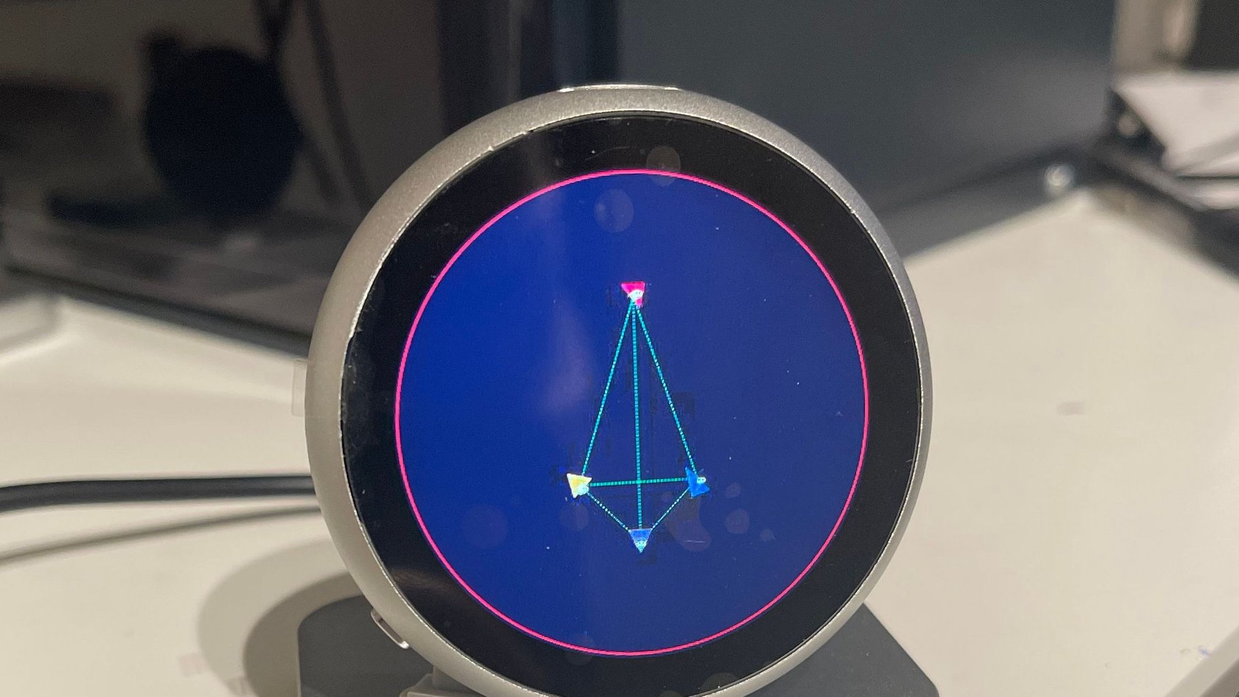 Q7 Entity Display Scope Miniaturized — AN/FSQ-7-OPT-MINI-02 field unit on its desk mount, displaying a live triangulated Entity signal