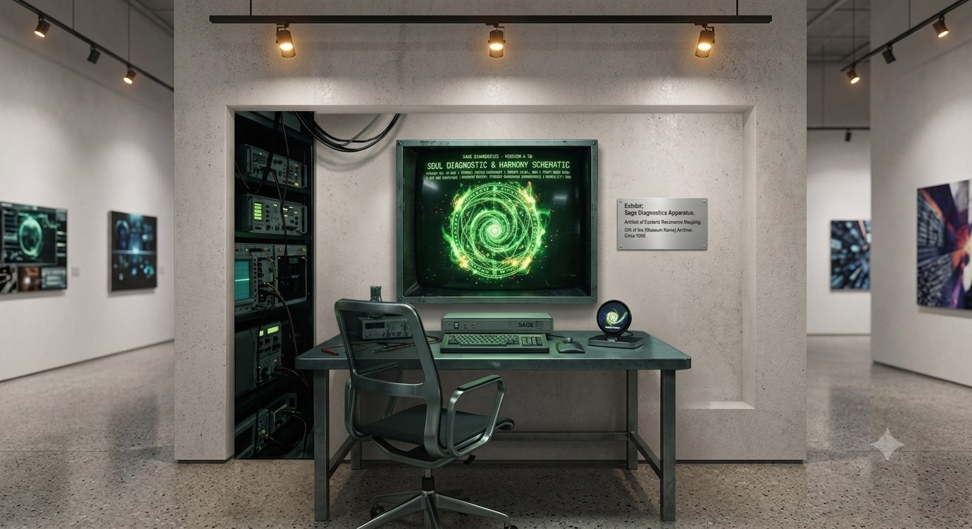 Installation mockup of the SAGE Diagnostics wall archive and the Q7 Entity Display Scope at Fondazione Aversano